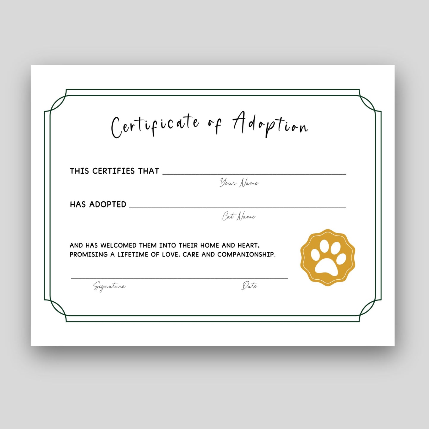 Cat Adoption Certificate